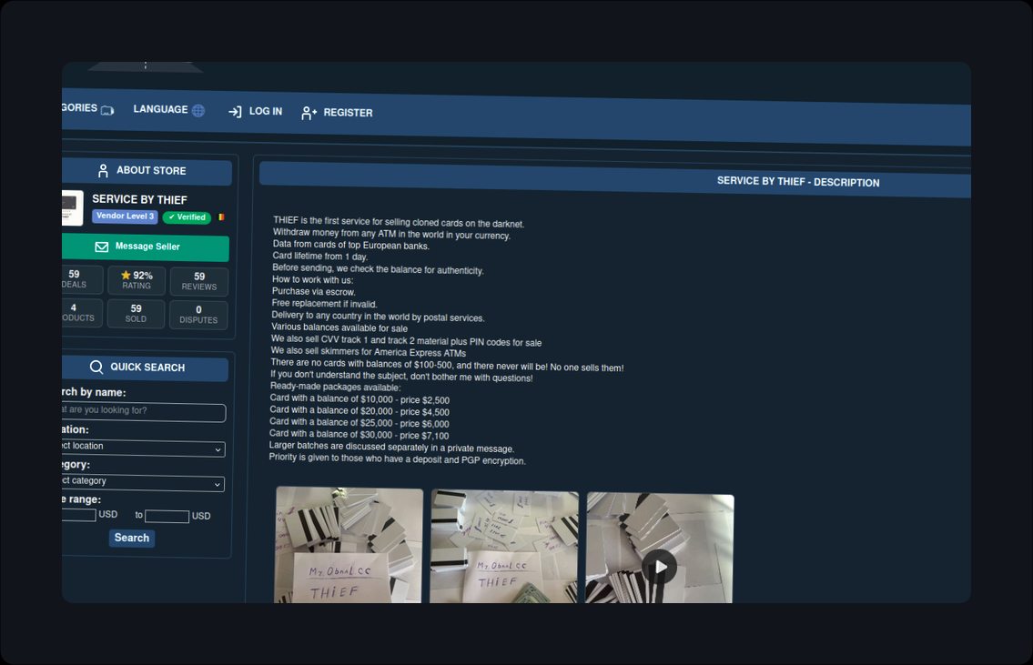 darknet marketplace interface showing services