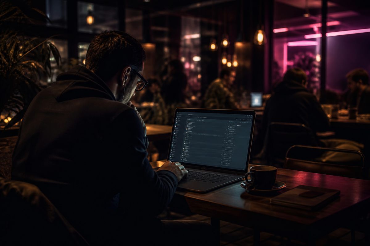 A researcher in a café analyzing the Dread forum for privacy-focused discussions in the dark web.