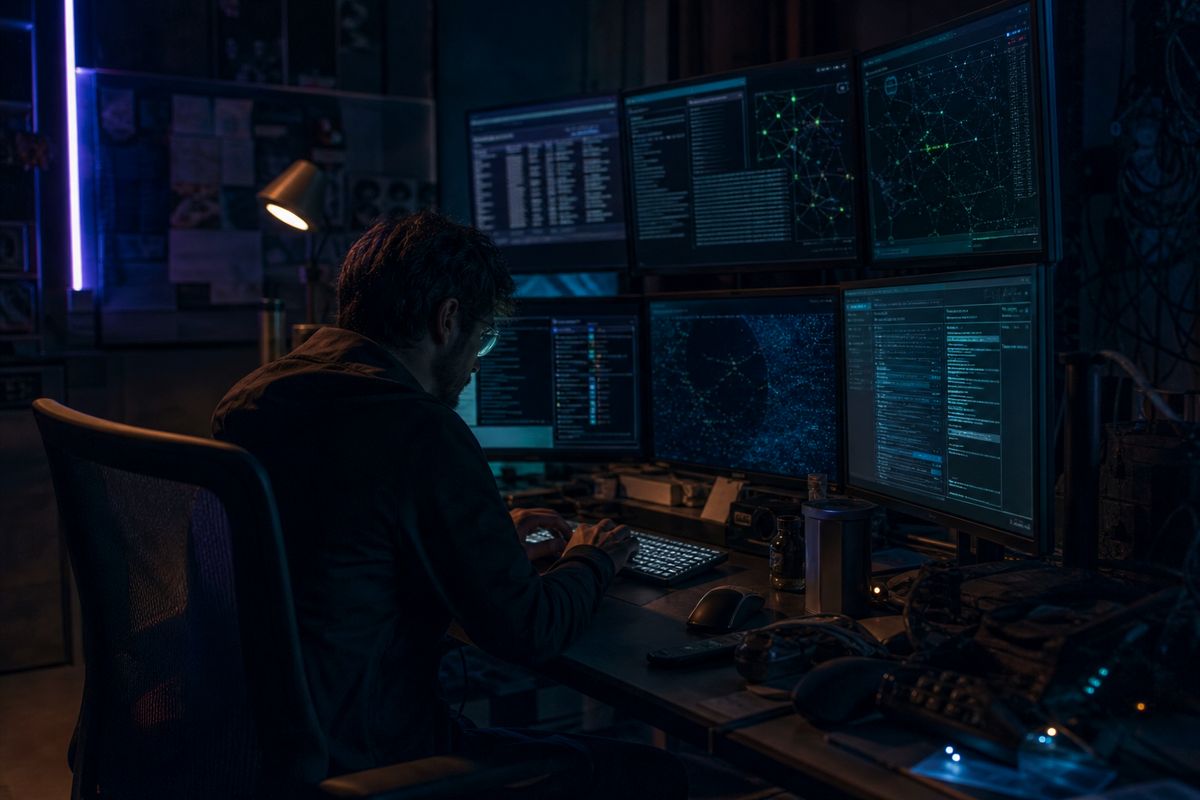 A researcher analyzes darknet wiki resources on multiple monitors in a dark office environment.