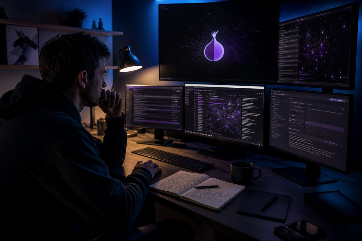 A researcher analyzing onion sites on multiple screens in a modern workspace, reflecting the article's focus on deep web resources.