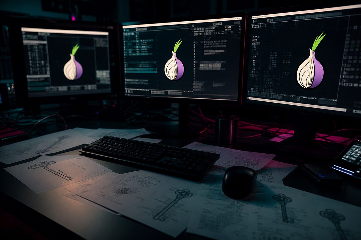A workspace showcasing multiple monitors with .onion links, illustrating the exploration of the Hidden Wiki.