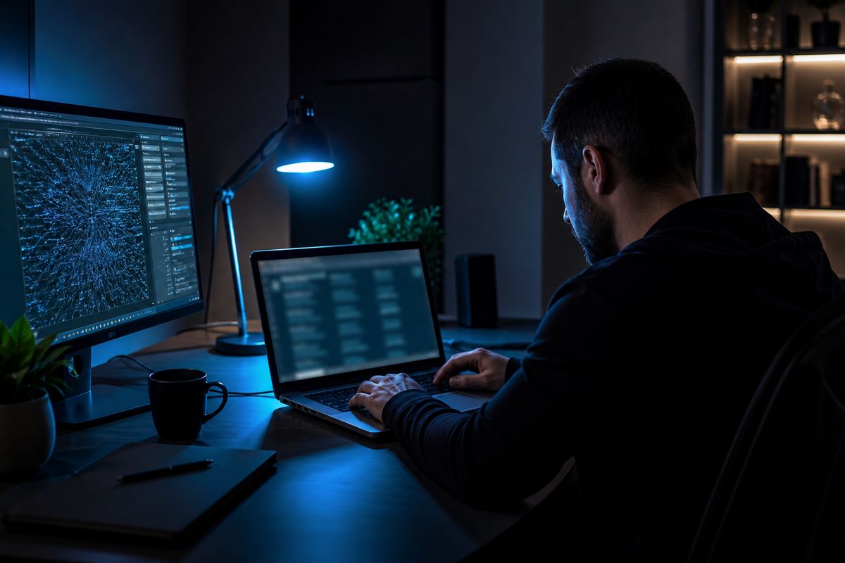 A system administrator analyzing dark web data on a laptop in a modern office environment.
