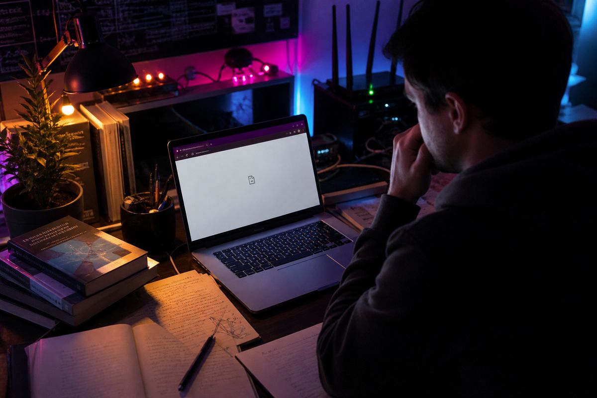 A researcher focused on troubleshooting hidden wiki links on a laptop in a dimly lit room.