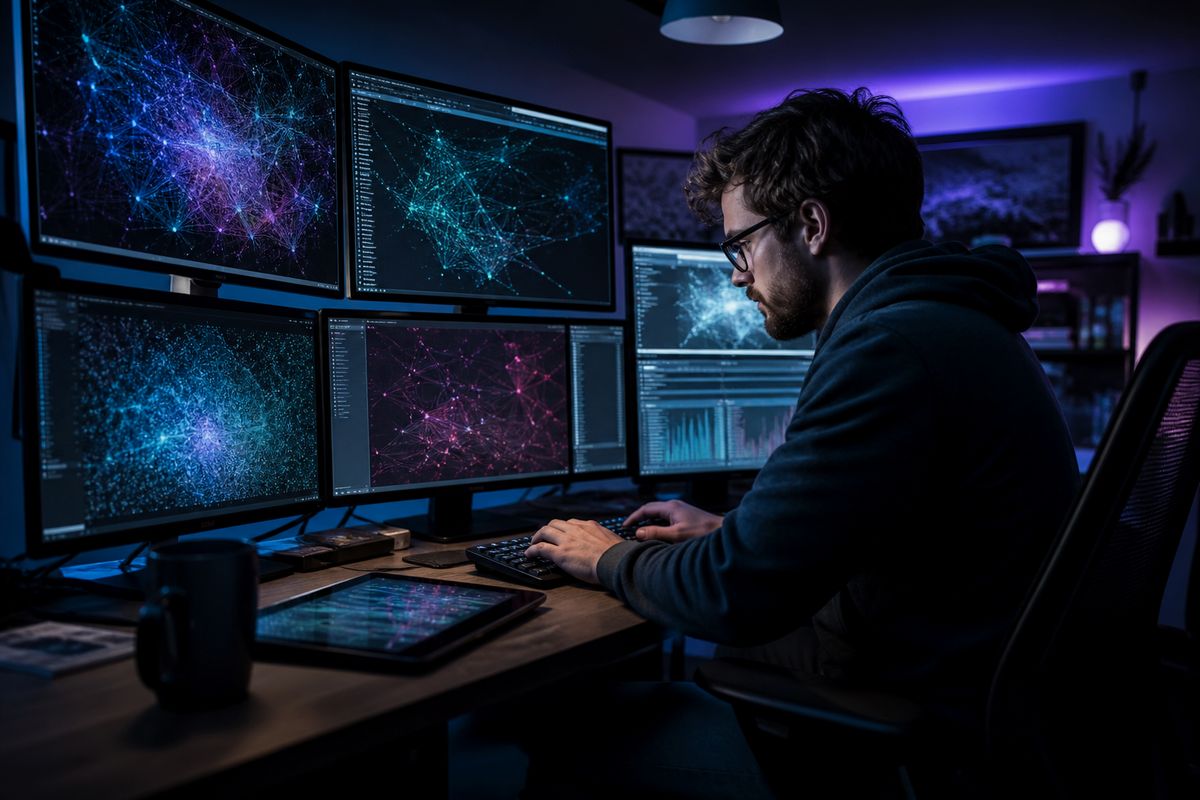 A researcher deeply engaged in analyzing multiple screens displaying deep web data structures, highlighting the article's focus on online privacy and data.
