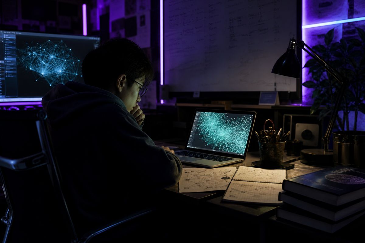 A researcher studying Tor network traffic data in a dark, tech-savvy workspace with glowing elements.