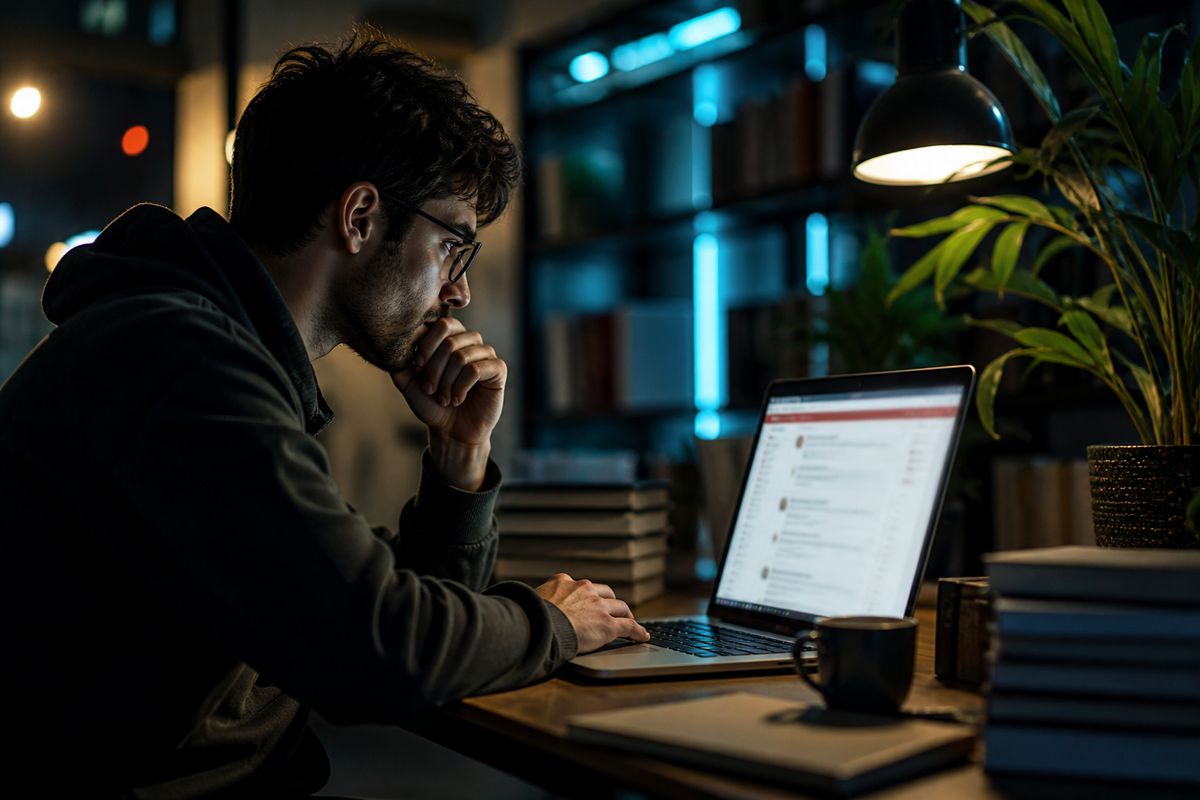 A researcher analyzing discussions about the Hidden Wiki on Quora in a modern office setting.