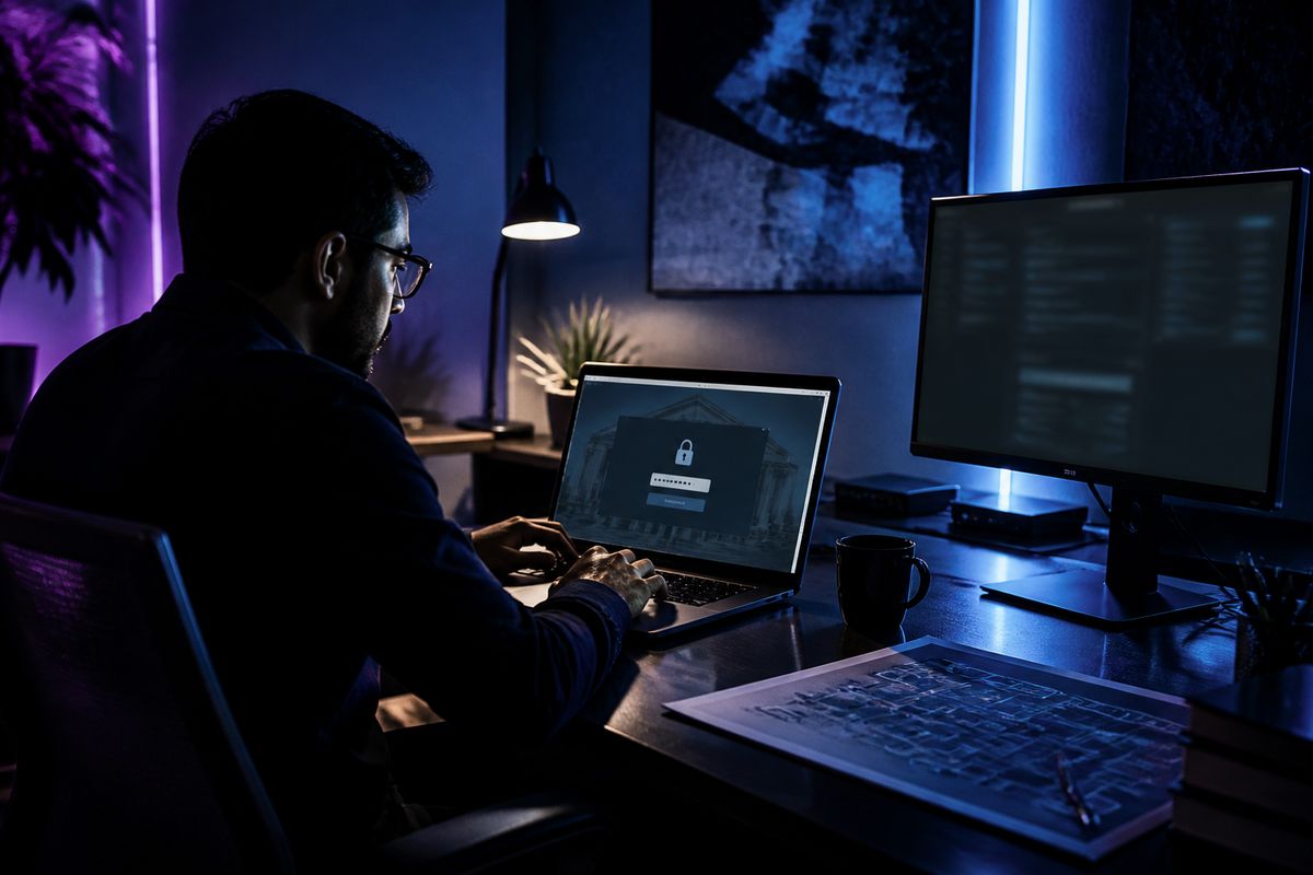 A system administrator accessing a password-protected banking portal on a laptop in a dimly lit modern office, illustrating deep web exploration.