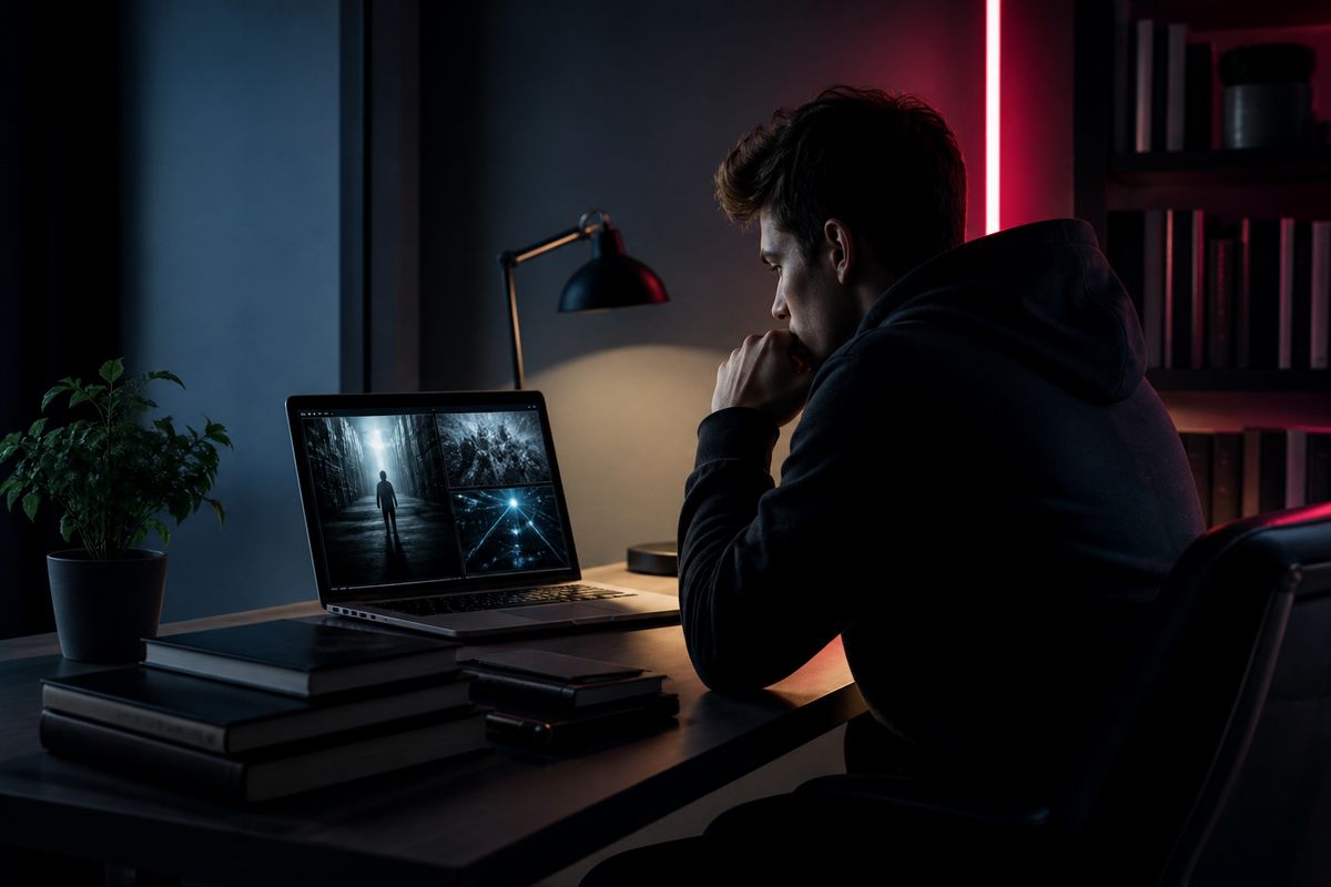 A researcher in a dim home office analyzing themes from the Hidden Wiki film on a laptop.