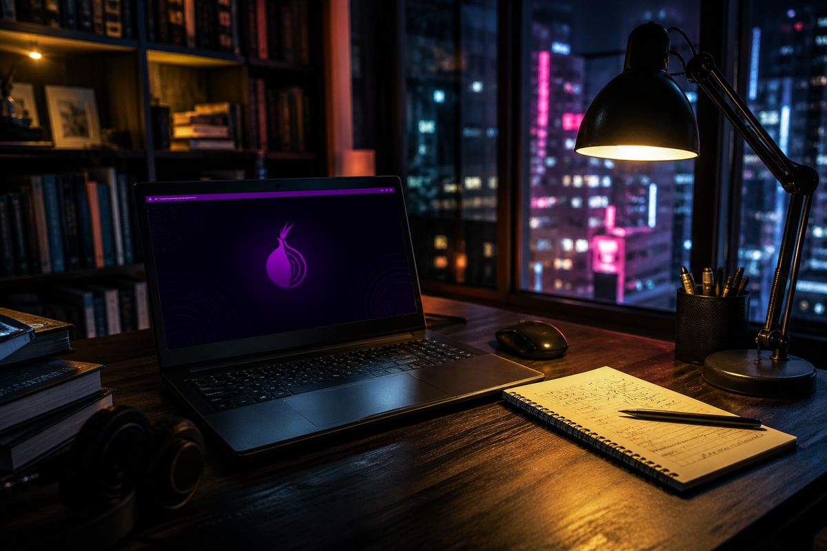 A home office setup showcasing the Tor Browser and notes on dark web resources.