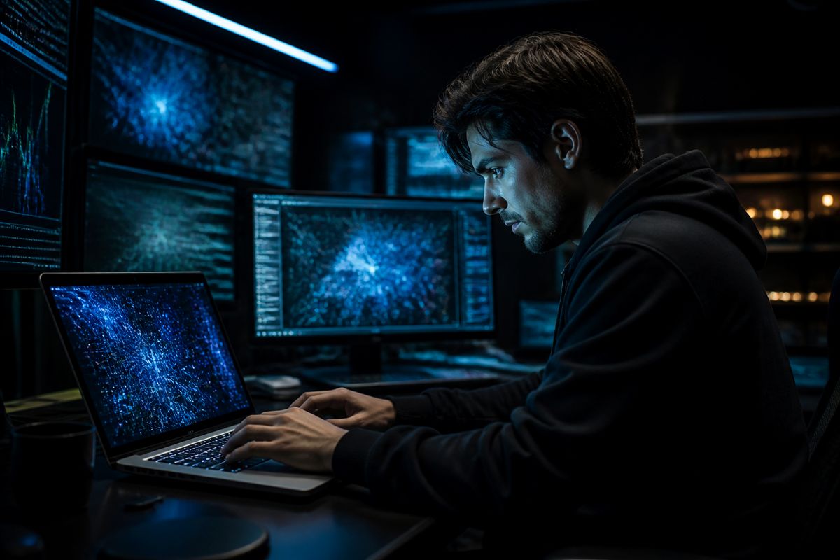 A researcher immersed in deep web analysis, showcasing the complexities of database interactions