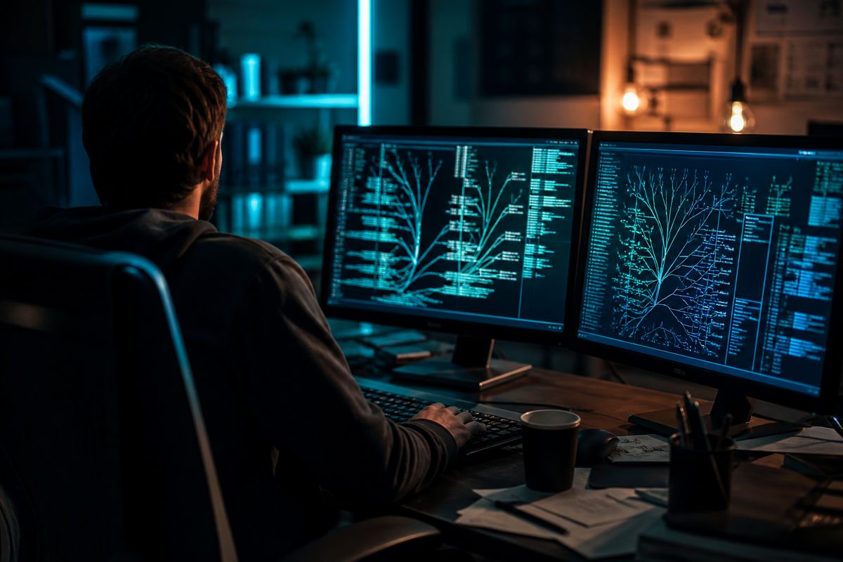 A researcher analyzing deep web directory structures on dual monitors in a modern office setting.
