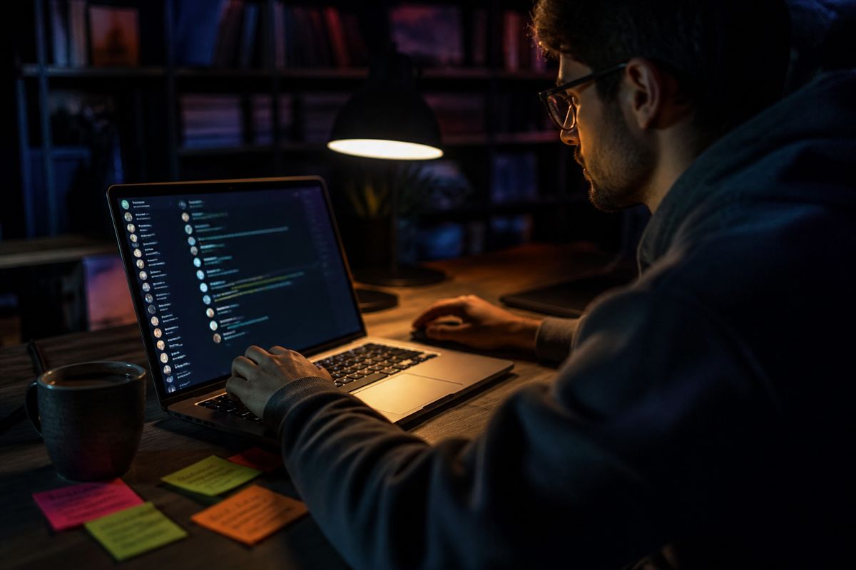 A researcher examining Telegram links on a laptop in a dimly lit workspace.