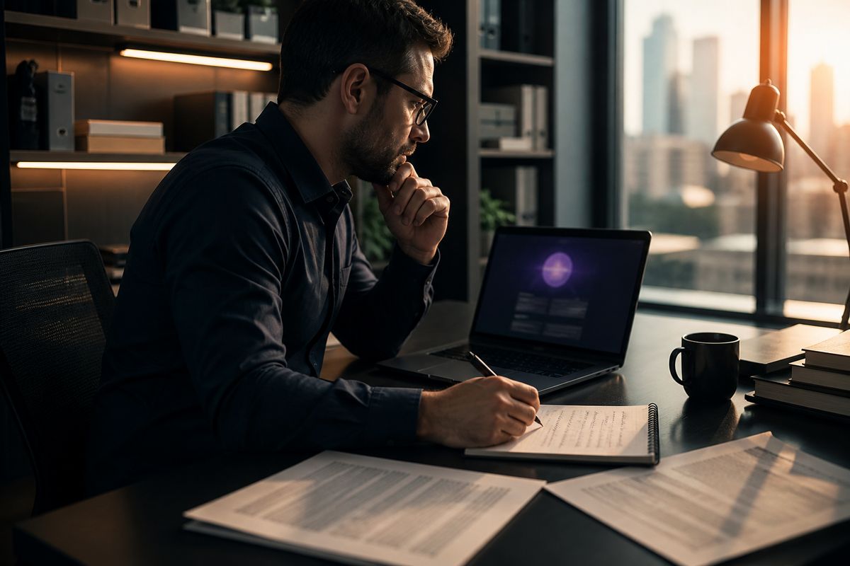 A system administrator examines legal documents regarding deep web access in a contemporary office environment.